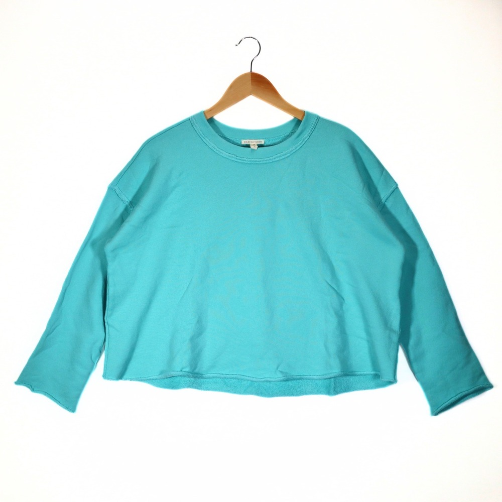 Eileen Fisher Sweatshirt Womens S Blue Boxy Organic Cotton Cropped Pullover Top